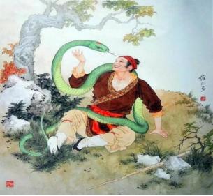 古时，有个耍蛇人依依不舍放生了一条驯养多年的青蛇。多年后，耍蛇人路过一山林，与青