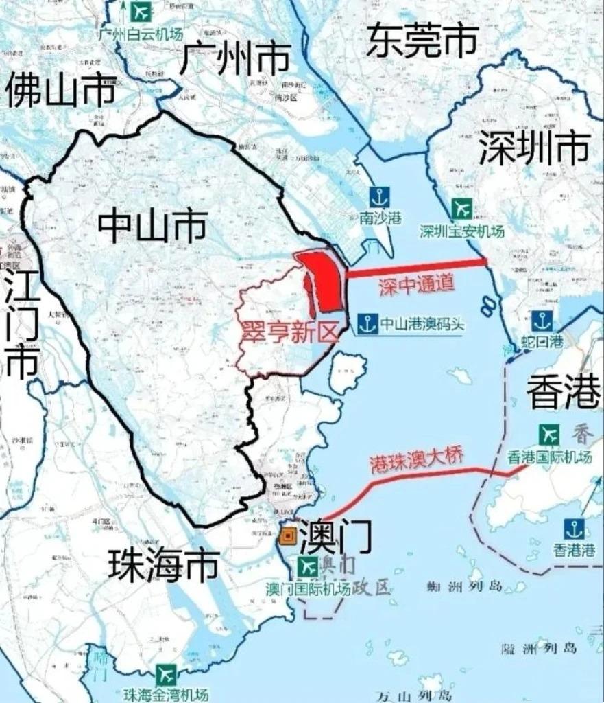 珠海行政划分上中山坦洲那块像楔子一样插入珠海腹地，把东西部隔开，从香洲去斗门、