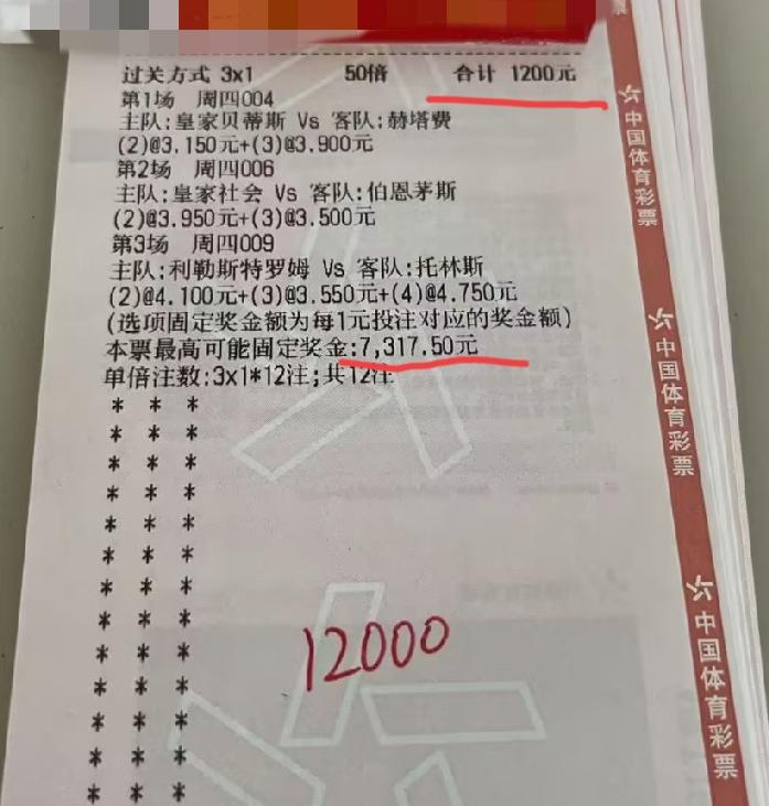 这张“3串1”买总进球数的票，这样的投产比，是不是有点太低啦？票面显示:这张彩