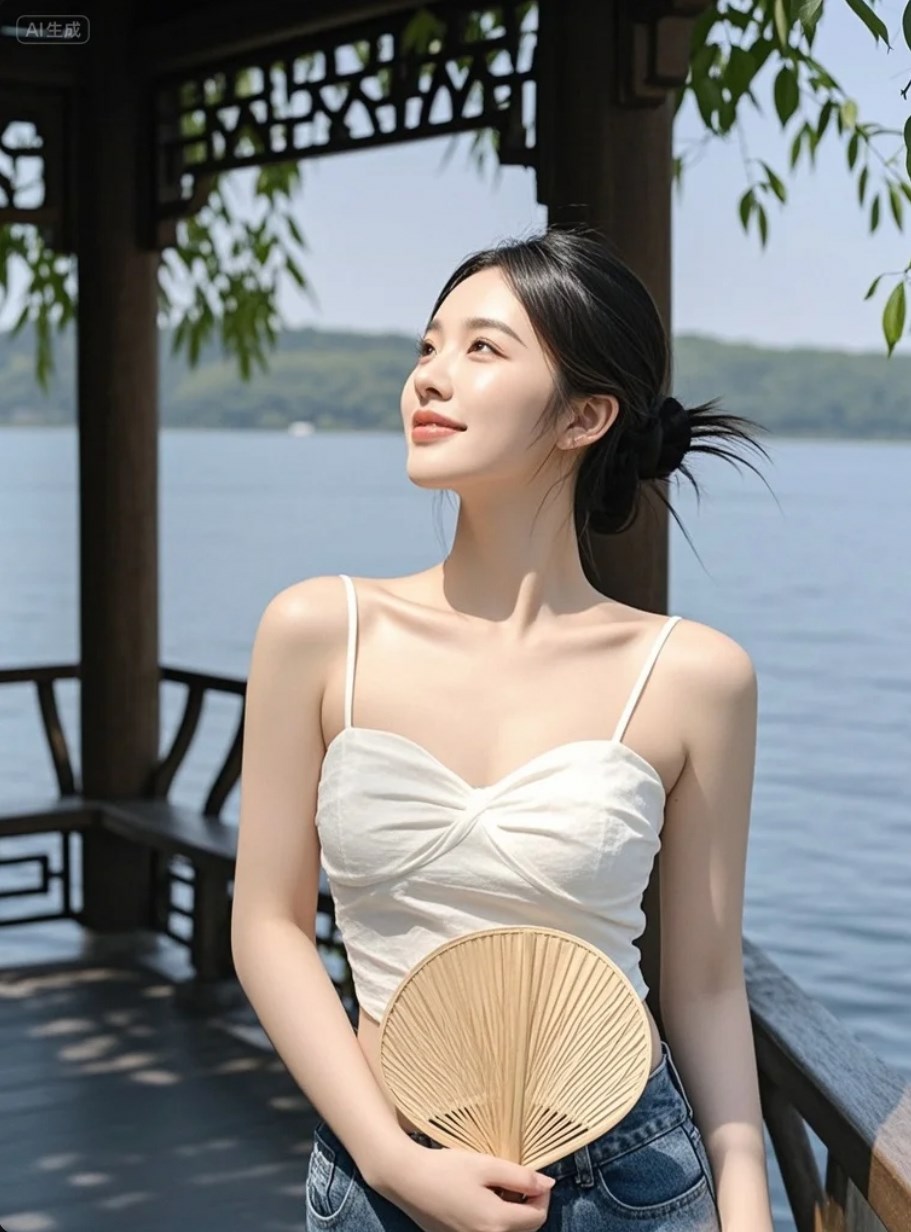 她站在湖边，不是风景，而是意义