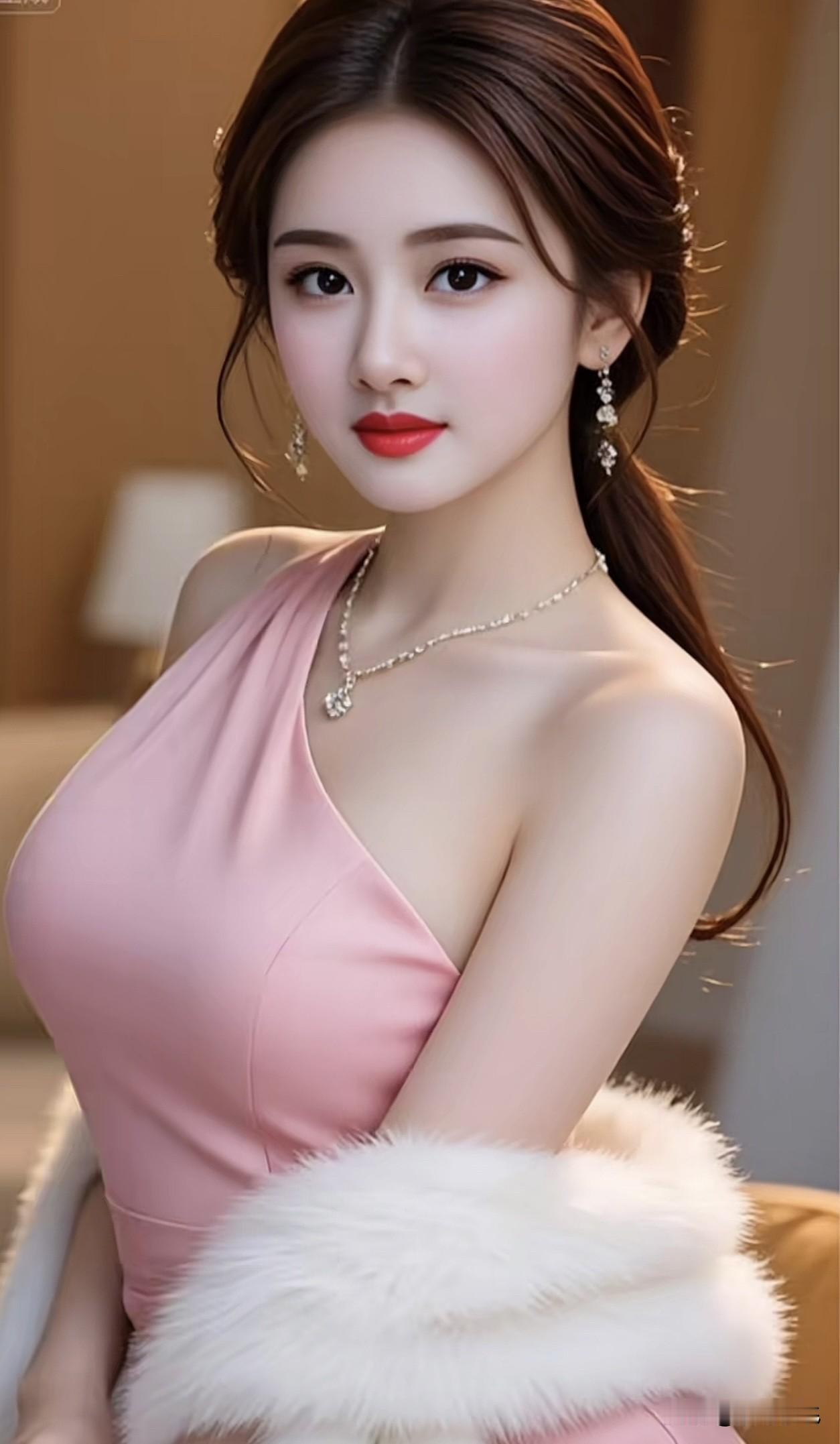 优雅粉裙，闪耀珠宝，温柔红唇，尽显女性魅力！💄✨👗粉紫色系美女粉裙微笑写真
