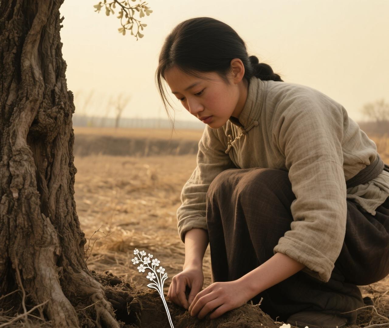 民间故事：槐树下的银钗村口老槐树下，住着个孤女阿禾。她总在树下缝补，说