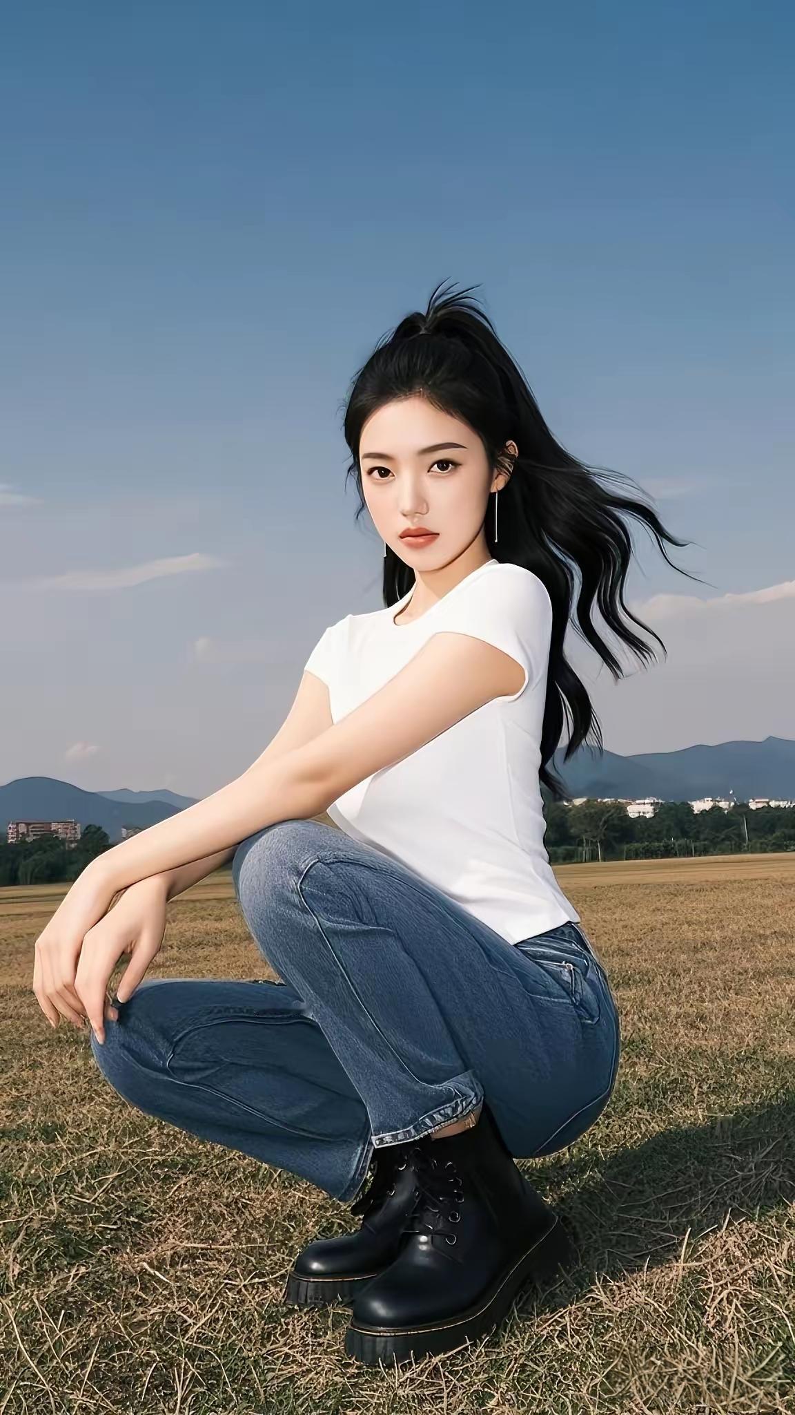 青春洋溢的田野少女，白T恤+牛仔裤，搭配黑色靴子，阳光下的清新自然。
