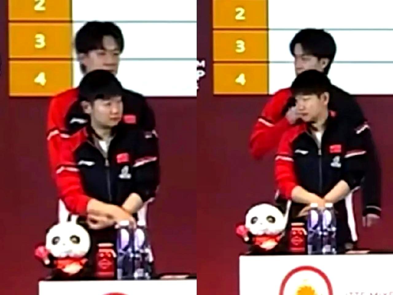 最戳人的是两人的身高。主持人把他往孙颖莎那儿一推，他之前跟别人抽签时冷着