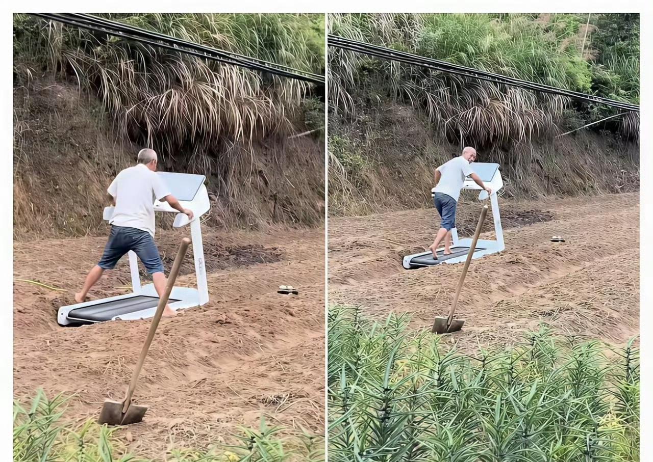果然大爷还是大爷，下地种地都不忘日常锻炼身体。