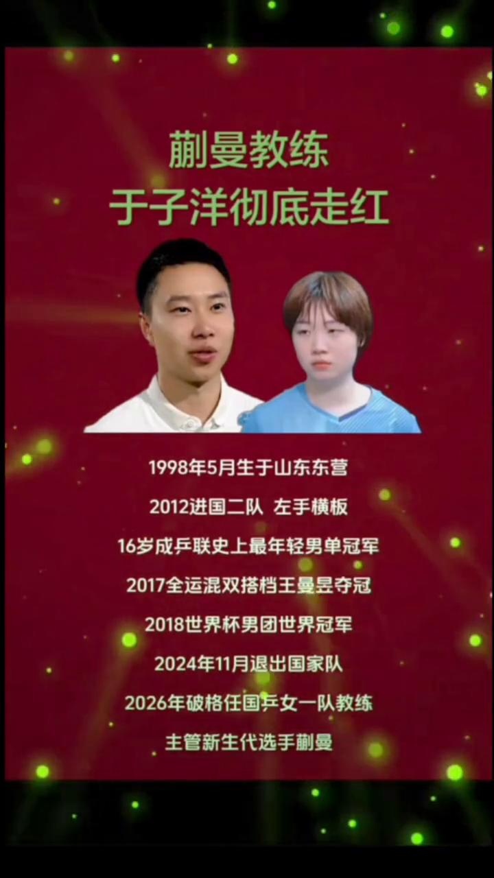蒯曼教练于子洋彻底走红。1998年5月生于山东东营，2012进国二队左手横板，