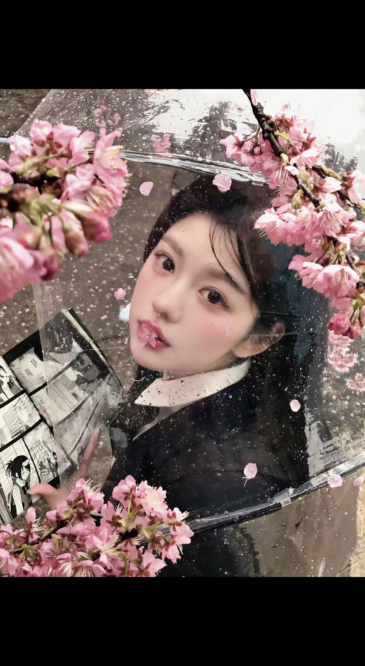 🌸雨丝织成帘，樱花撞进玻璃伞💧。少女唇间含着春天，漫画书里藏着未完的诗篇✨。