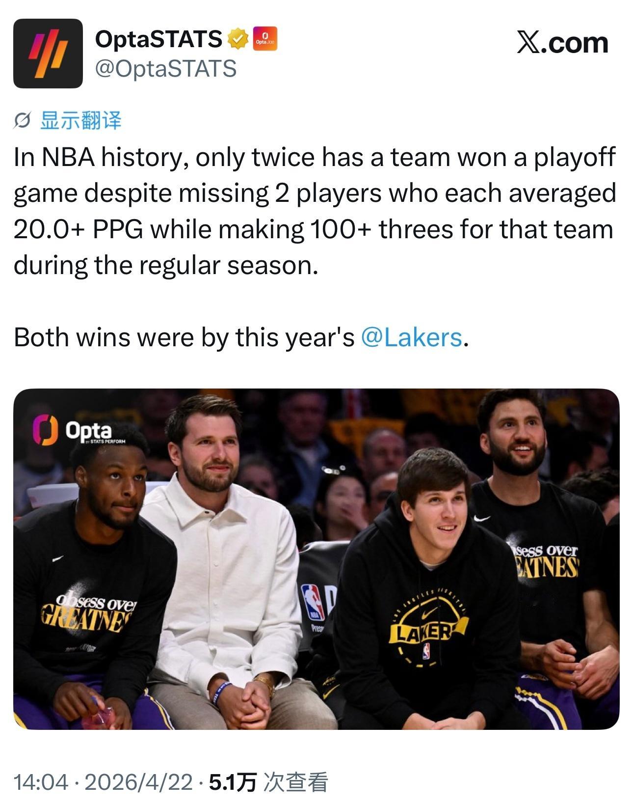 据统计，在NBA历史上，一支球队在季后赛中同时缺少两位常规赛期间场均得分20+、