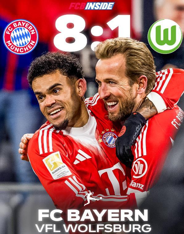 这个赛季的德甲毫无悬念可言，拜仁本轮8-1击败德甲老牌劲旅沃尔夫斯堡。16轮过后