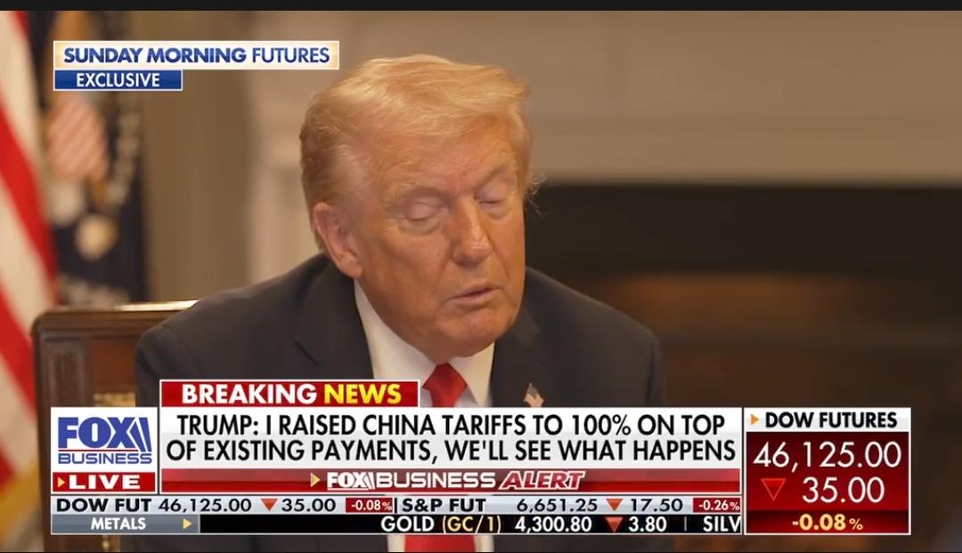 10月17日，特朗普接受了福克斯新闻的采访，再次谈到了对中国的关税问题。其中有两