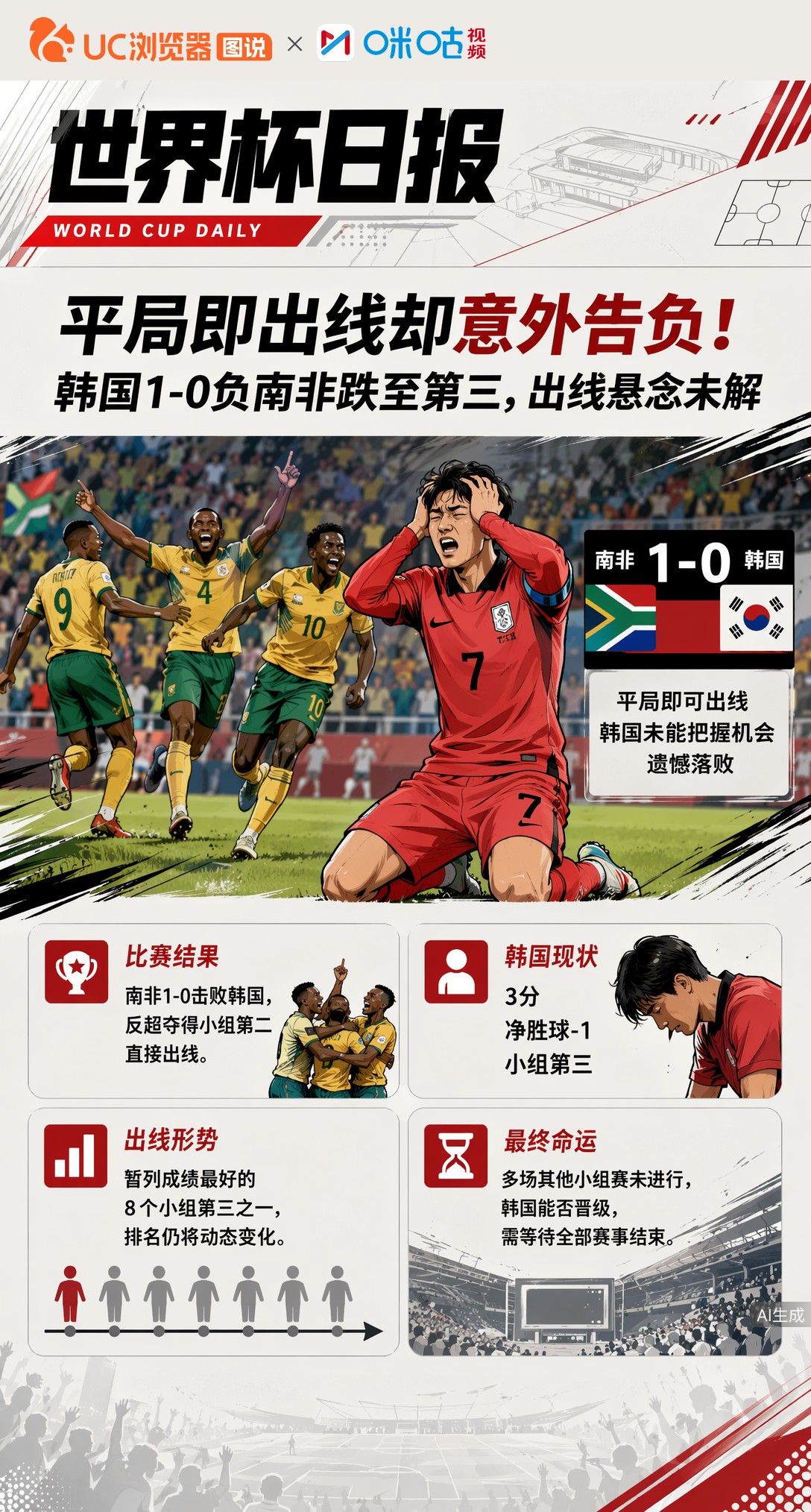 平局即出线却意外告负！韩国1-0负南非跌至第三，出线悬念未解