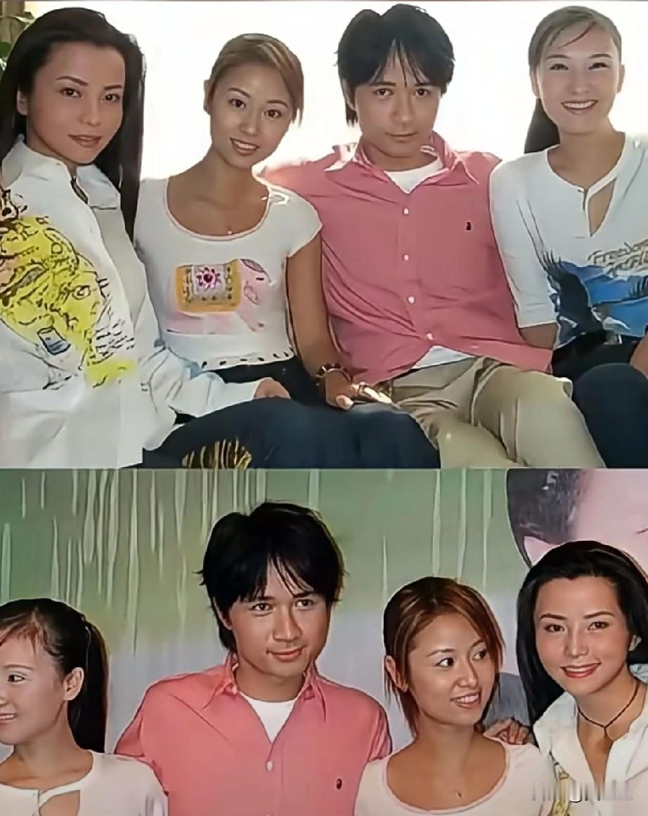 这张20多年前的宣传合影里中间穿粉衬衫的男生，后来成了歌坛情歌王子，旁边笑眼弯
