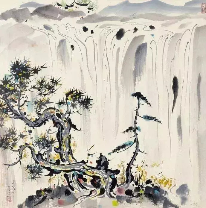 吴冠中画瀑布。垂挂的或曲折奔流的白色的游动之线成了画面最活跃的命脉。新城事遇见艺