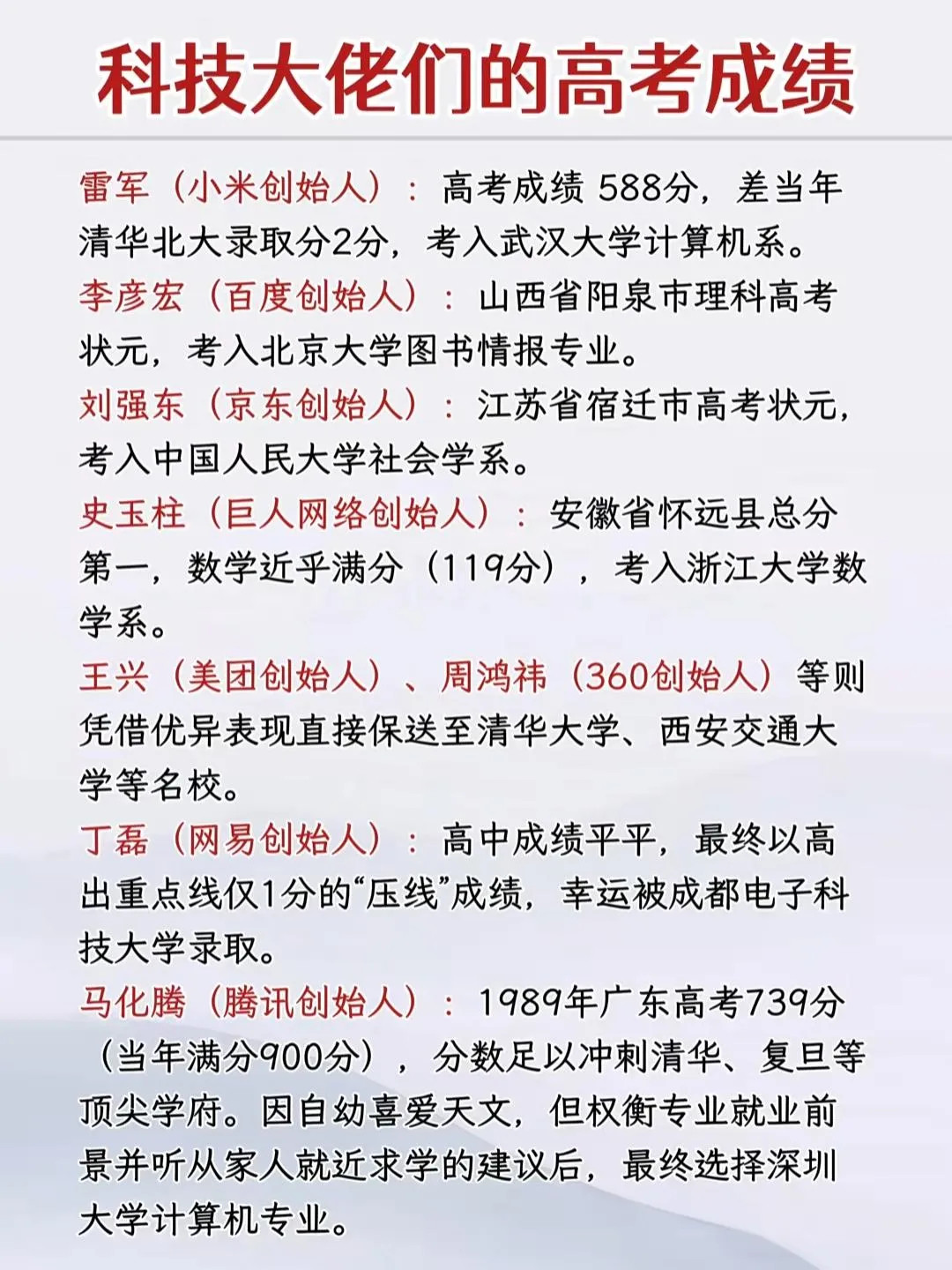 科技大佬高考成绩，哪个最牛呢。马云多少分？