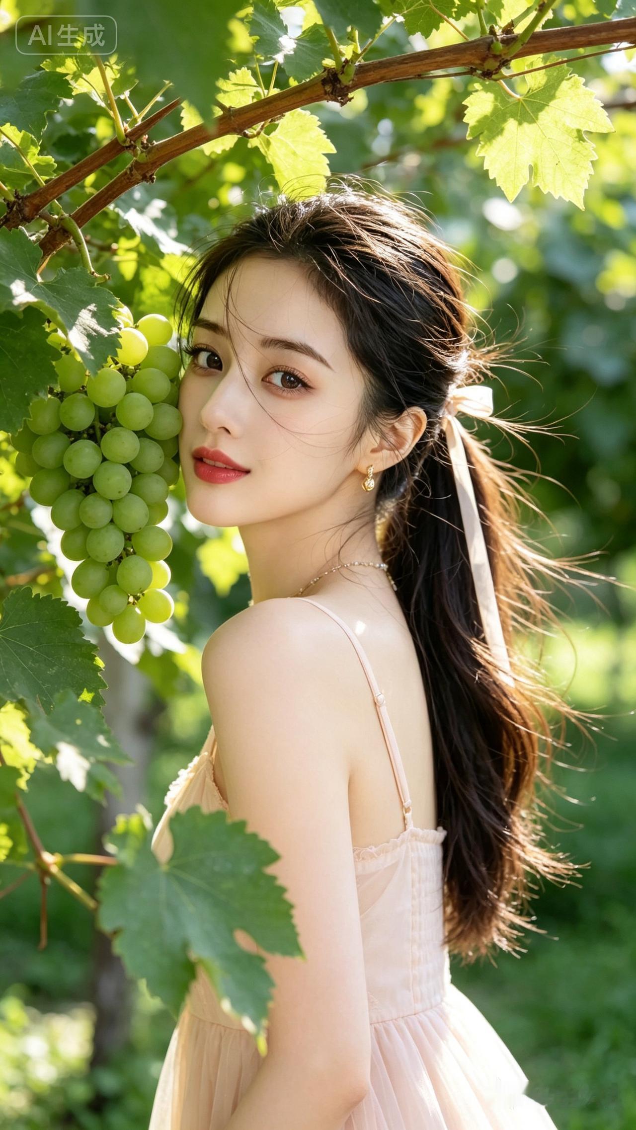 夏日葡萄园里的甜美少女，清新自然，美不胜收！🍇🌸