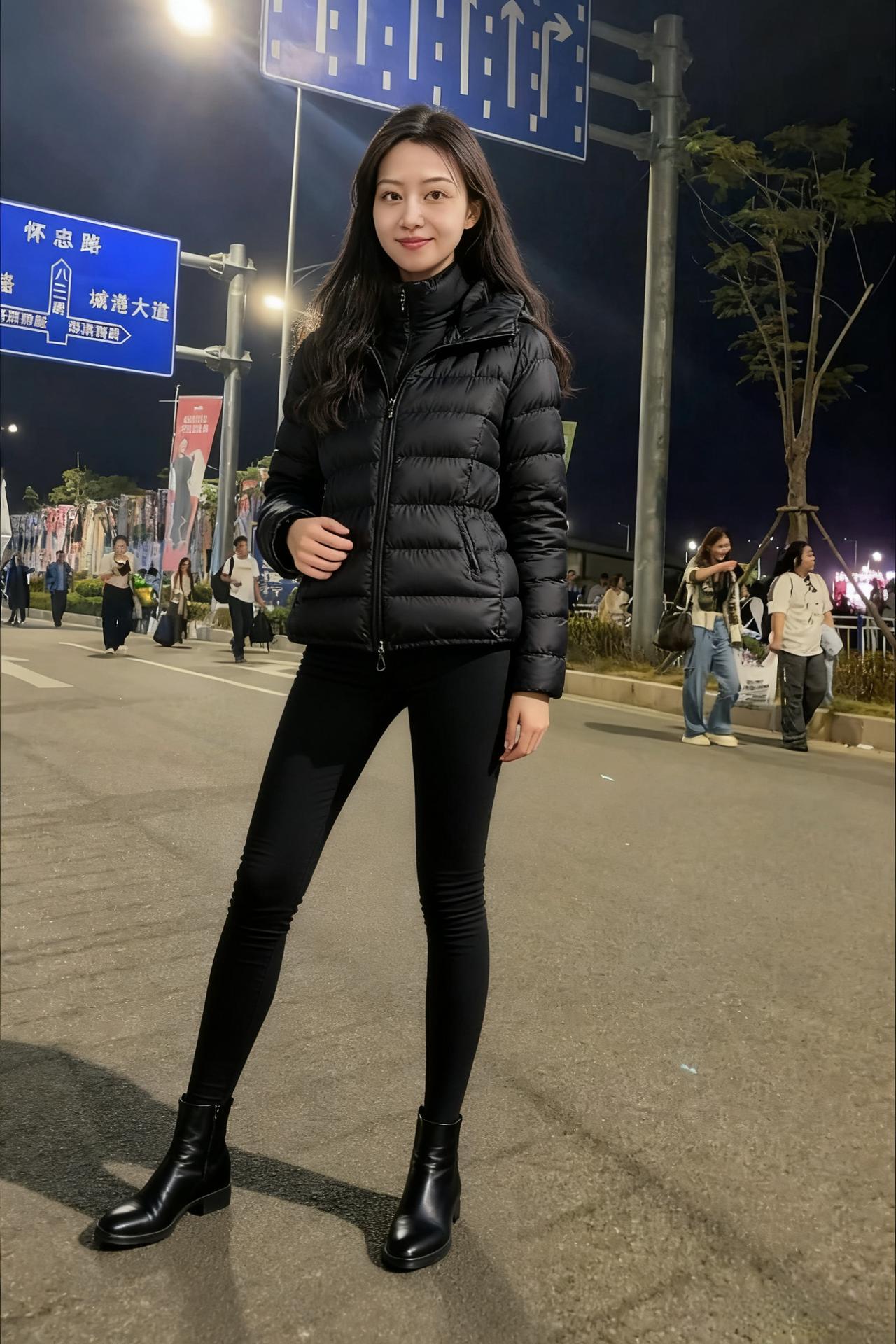 黑衣黑裤立街前，笑靥如花夜未眠。挥手欲招云外月，好风伴我飞九天。