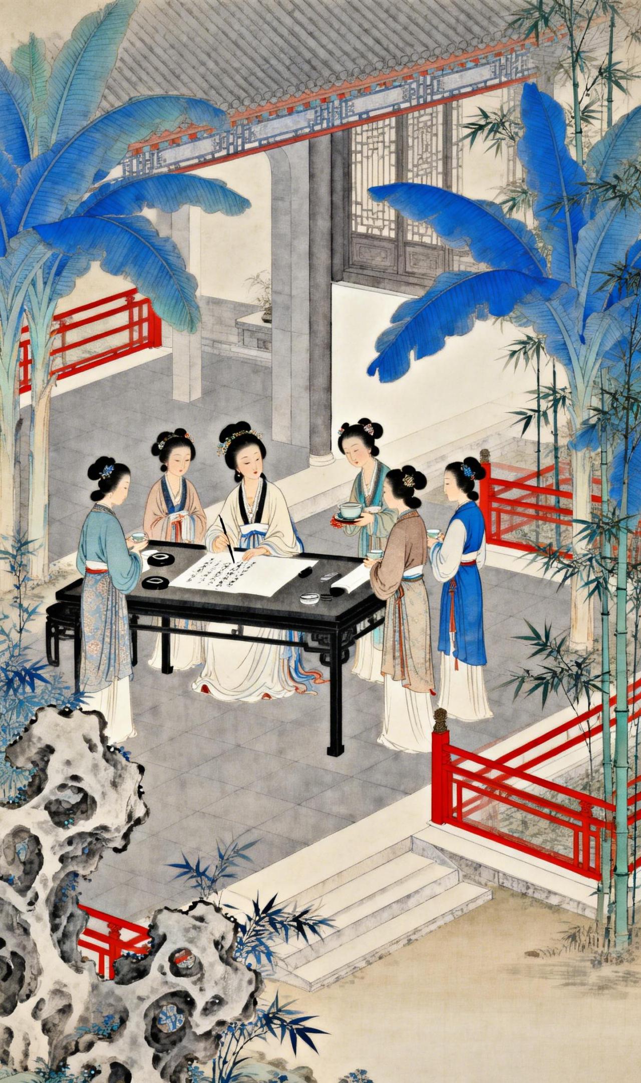 墨韵芳华——工笔重彩中的庭院闲叙宣纸轻展，朱栏静倚。庭院深深，工笔重彩细细勾染