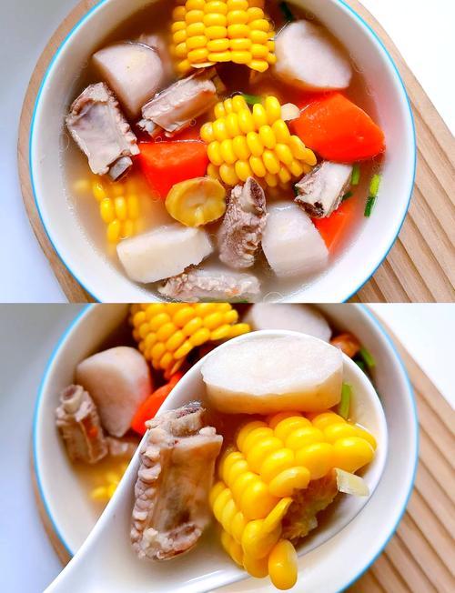 2.主题山药玉米排骨汤准备食材：山药，玉米，排骨，胡萝卜，姜片，葱花。做