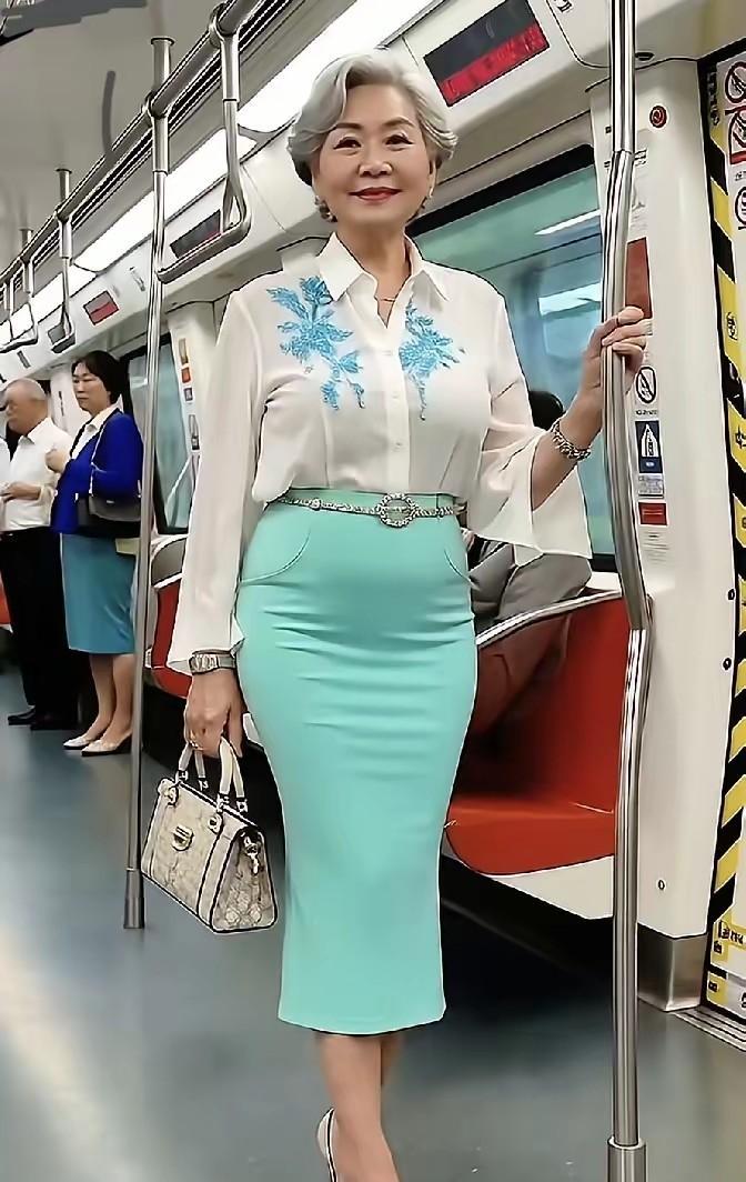 老阿姨穿浅蓝色鱼尾裙逛街，自信满满，笑容可掬，整个车厢，就是那个最靓的奶奶。她