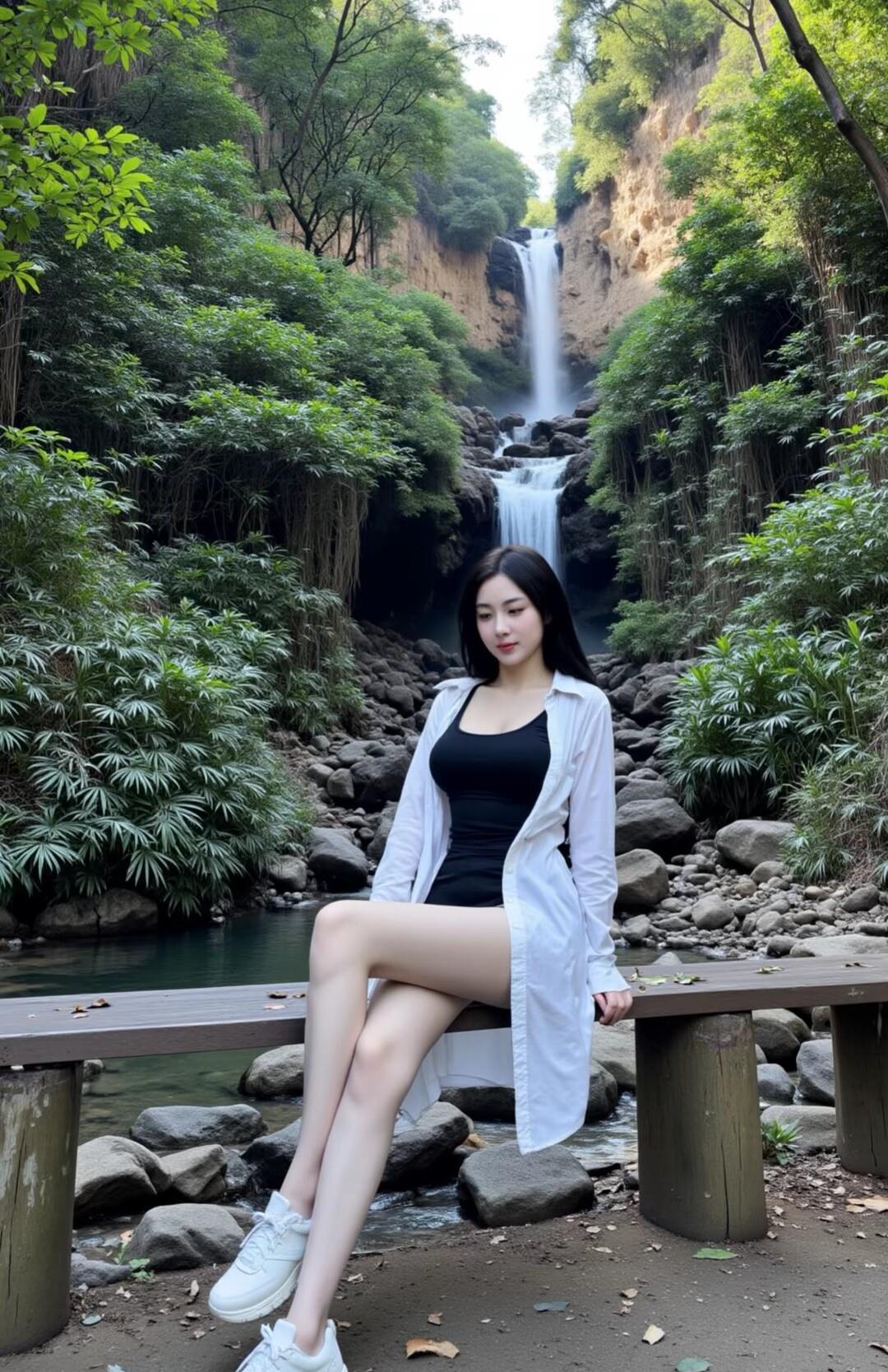 女闺蜜在瀑布旁，静享自然之美，感受宁静与清新。