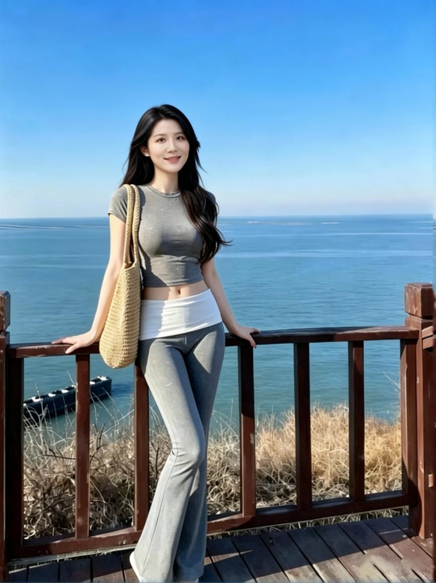谁懂啊！海边散步随便穿穿都这么出片！这套灰色瑜伽服真的太绝了，短上衣+喇叭裤，