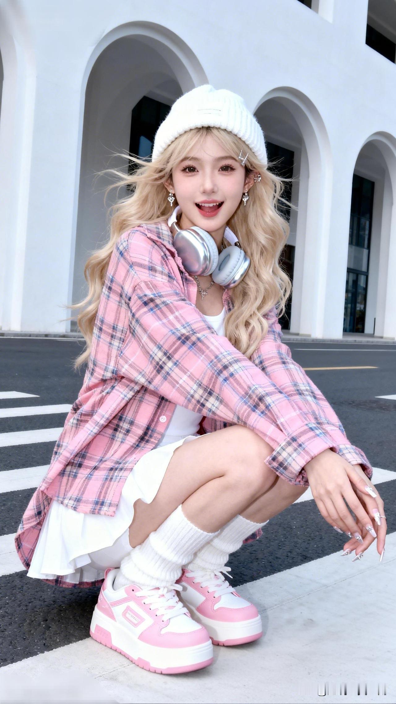 粉衣少女戴耳环，白鞋粉裙映晴空。最美的女神得长啥样呢元气少女穿搭指南：粉色格子