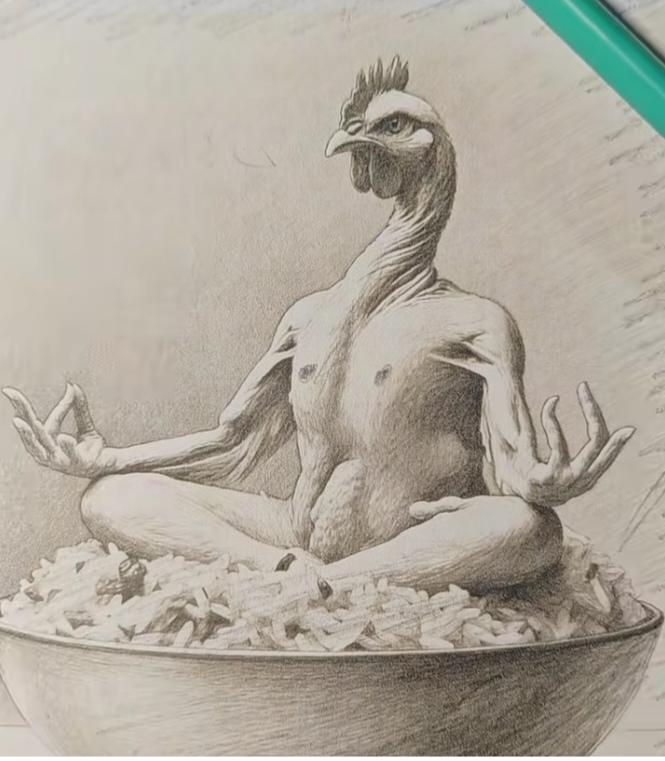 〔看图猜成语〕图中画面真奇怪；一只裸鸡在那坐；两爪酷似在算命；画面成语挺