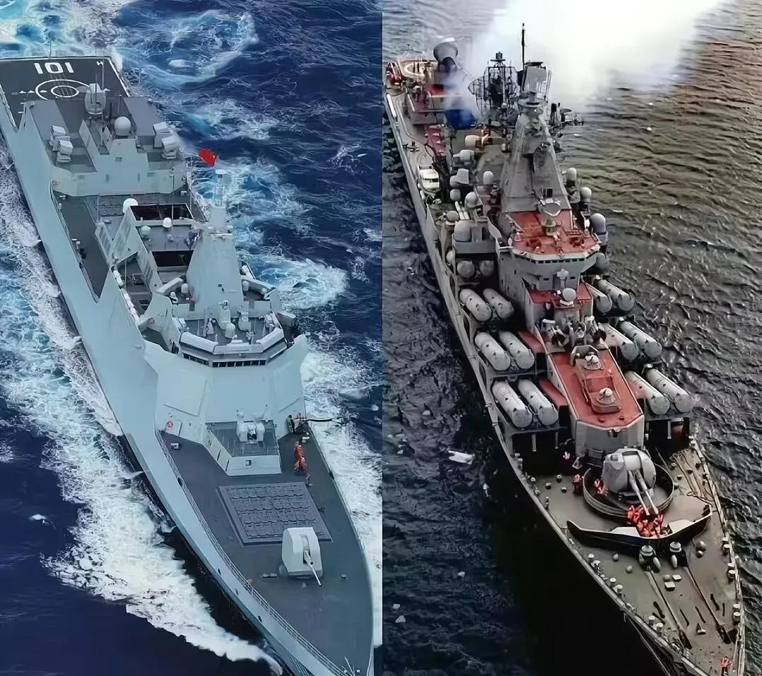 这是中国海军055型驱逐舰和俄罗斯海军的光荣级巡洋舰对比图。光荣级巡洋舰与05