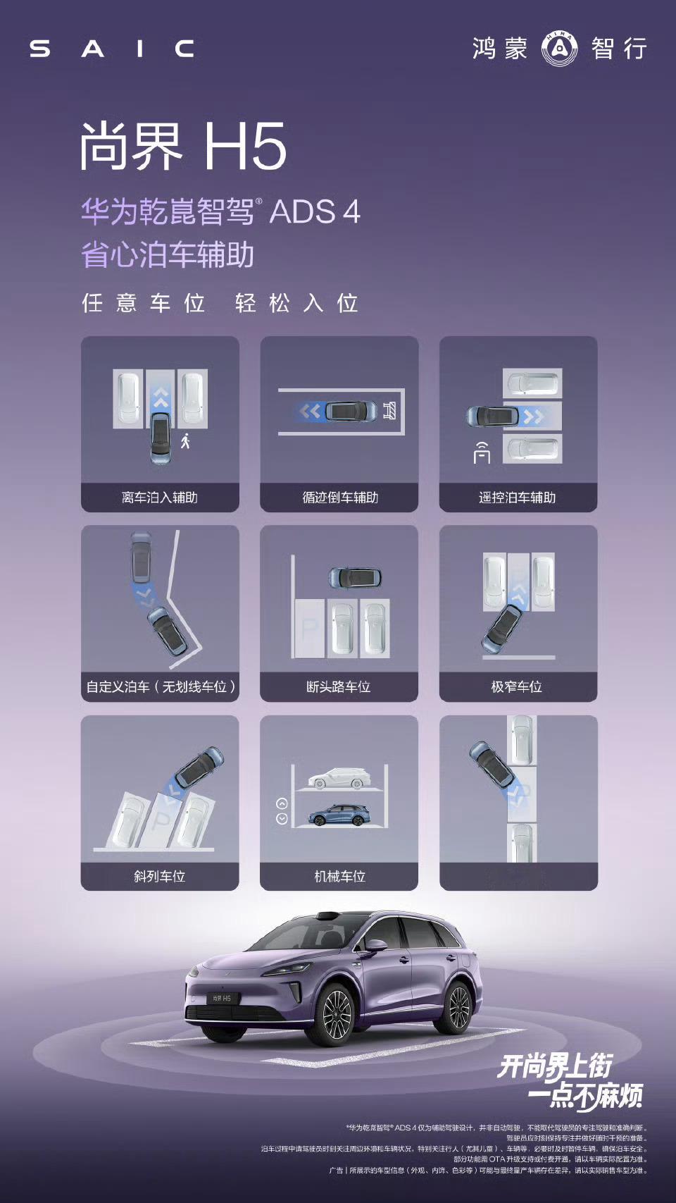 车位不难停，一点就搞定。尚界H5省心泊车辅助，断头车位、极窄车位、机械车位……任