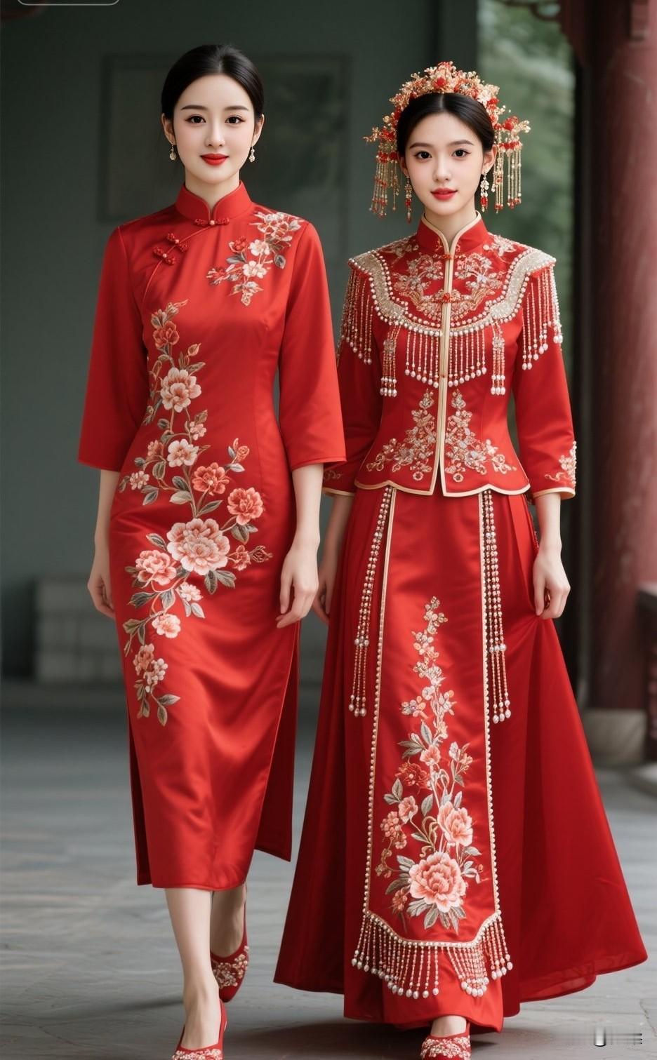 🌸💃🏻红衣姐妹花，传统与现代的完美结合，惊艳了时光！旗袍姐妹花旗袍姐妹