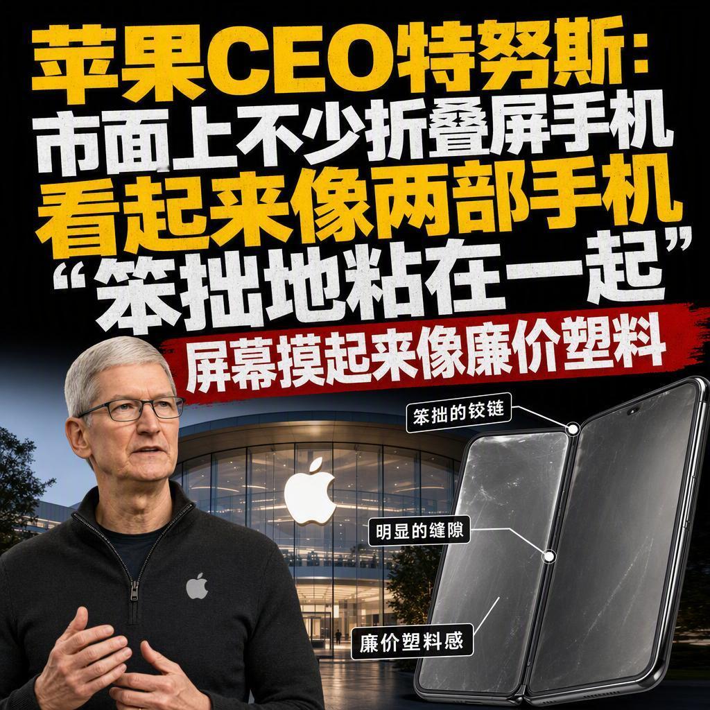 苹果新CEO特努斯放话了，说市面上不少折叠屏手机像两部手机笨拙地粘在一起，屏幕摸