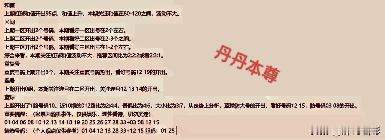 今天晚上双色球26043期开奖，丹丹看好蓝球1215，防0308。大体方向跟