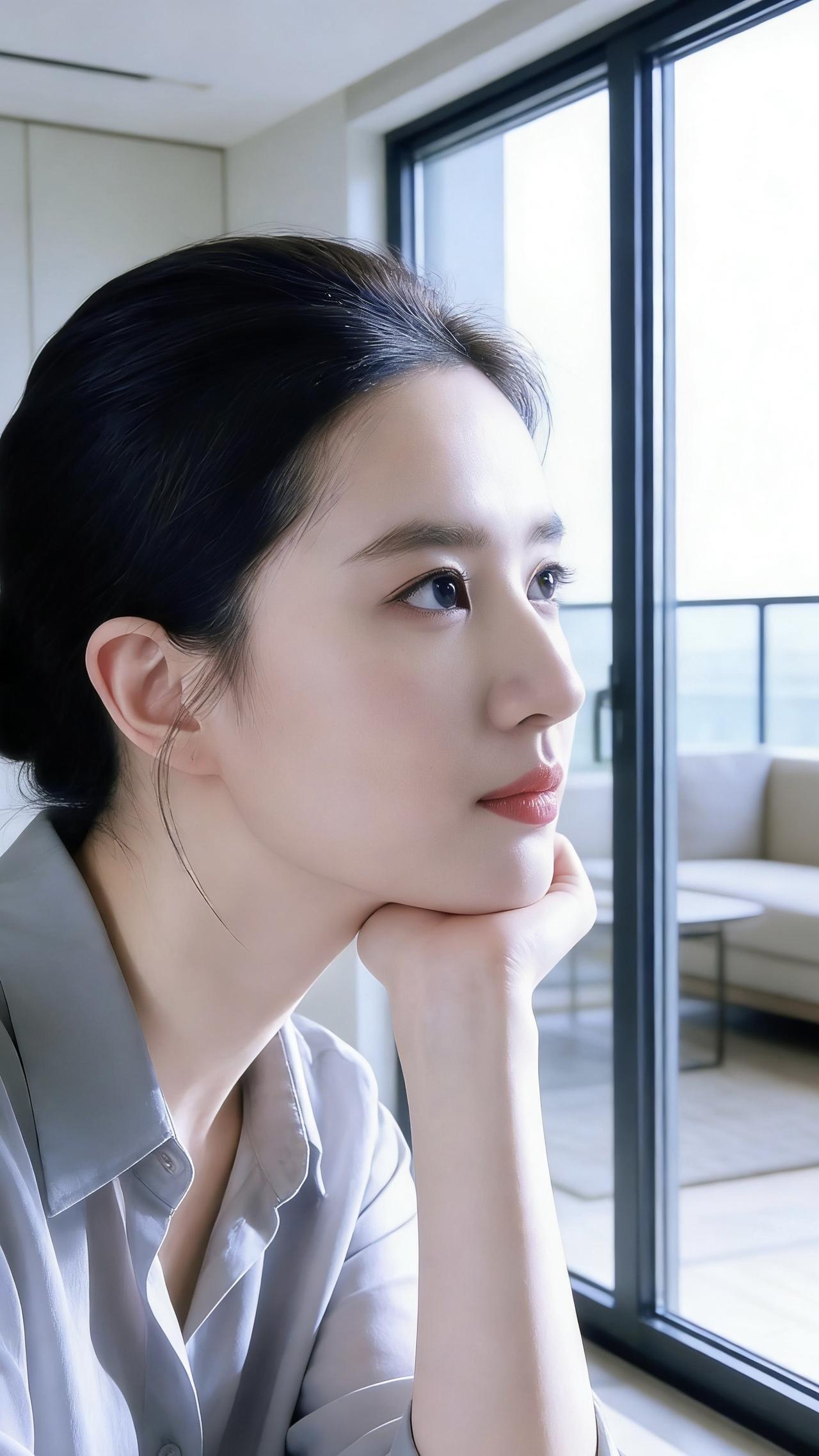 她穿着一件浅灰色衬衫，面料垂顺柔软，领口微敞，衬得颈线愈发纤细莹润。乌黑的长发整