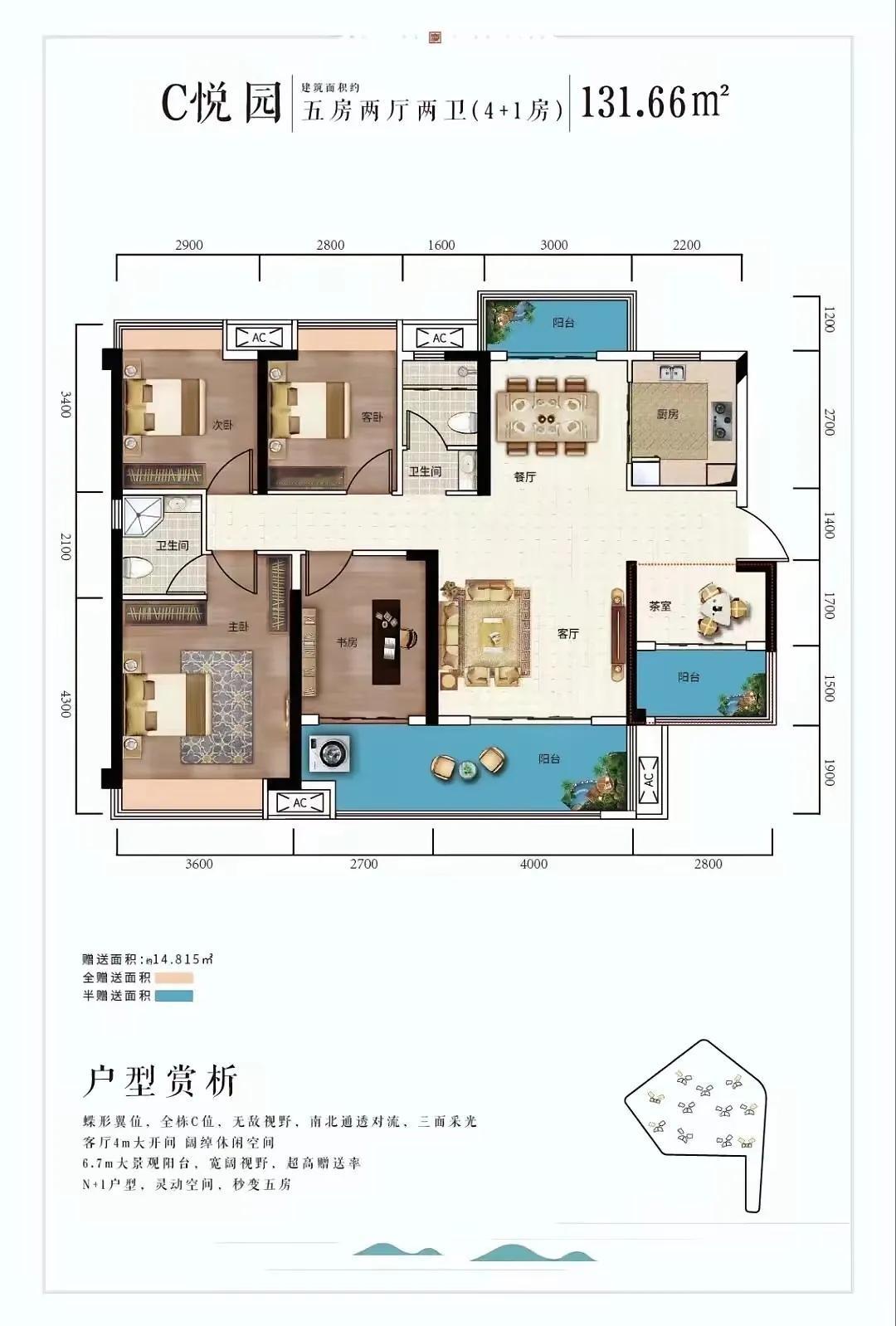 谁能想象131.58㎡的房子可以做5个卧室？这可能是最大的优点吧，北侧和南侧的阳