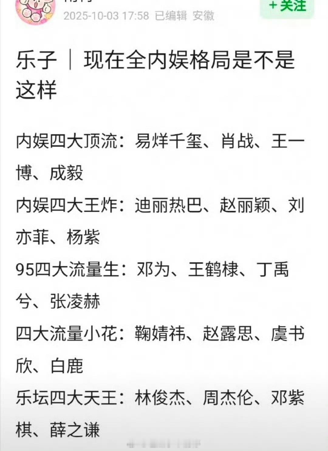 网友做的全内娱明星格局，大家怎么看？​​​