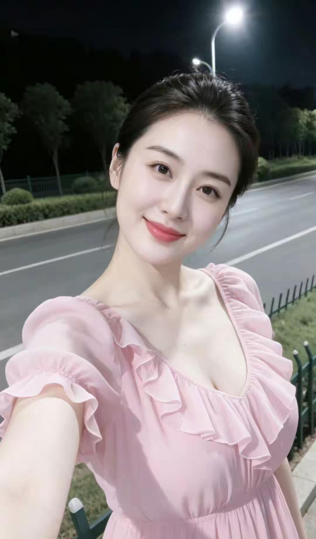 夜晚的街灯下，粉裙少女微笑自拍，温柔动人🌟💝🌴