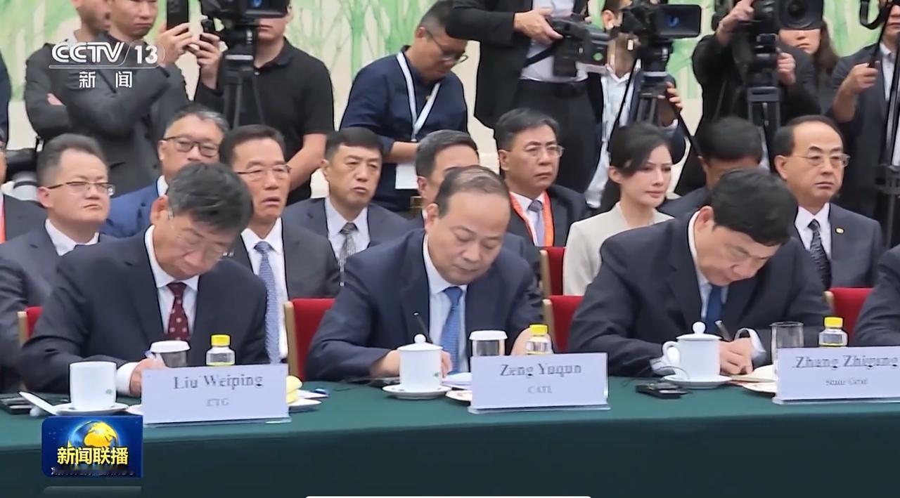 座谈会上，看到了宁德时代董事长曾毓群、中国长江三峡集团董事长刘伟平、京东集团董事