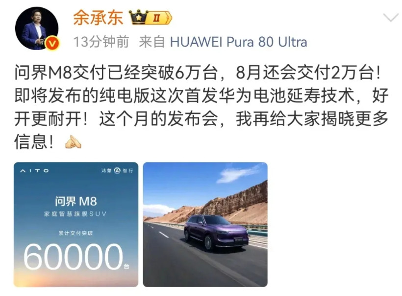 余承东宣布，问界M8交付已经超过6万台，八月份还将交付2万台。也就是说，到八月底