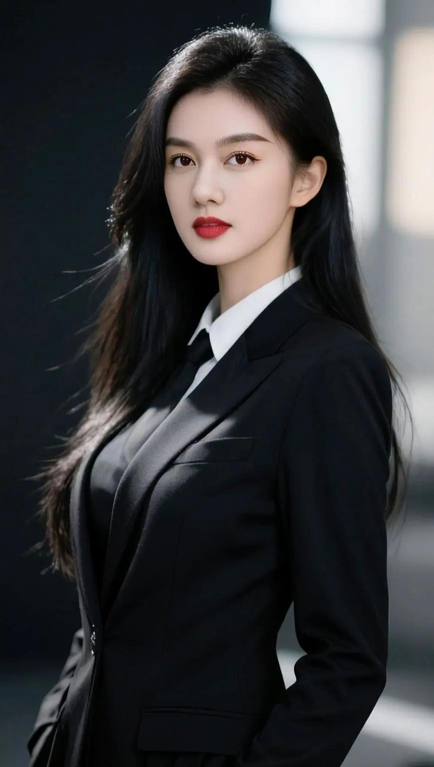 优雅黑西服，自信红唇，职场女神范儿十足！
