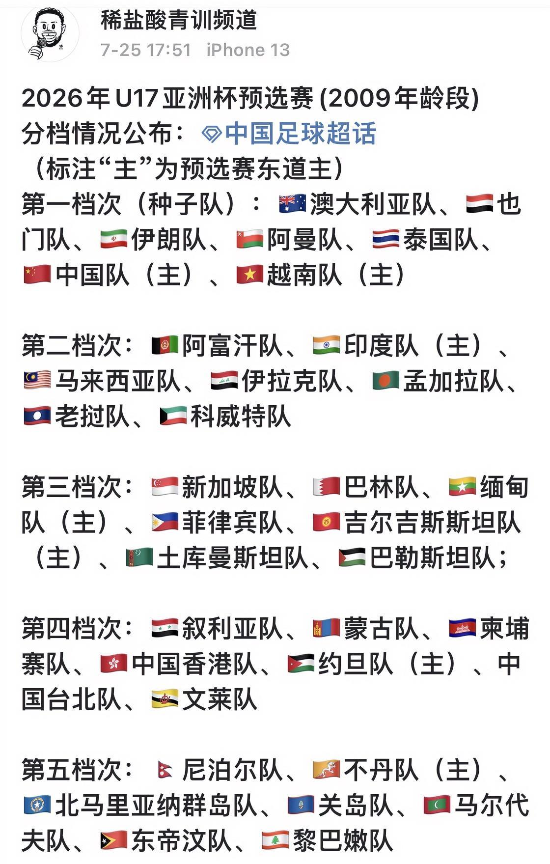 U17亚洲杯预选赛即将开幕，中国U17国少位列第一档。2026年U17亚洲杯预