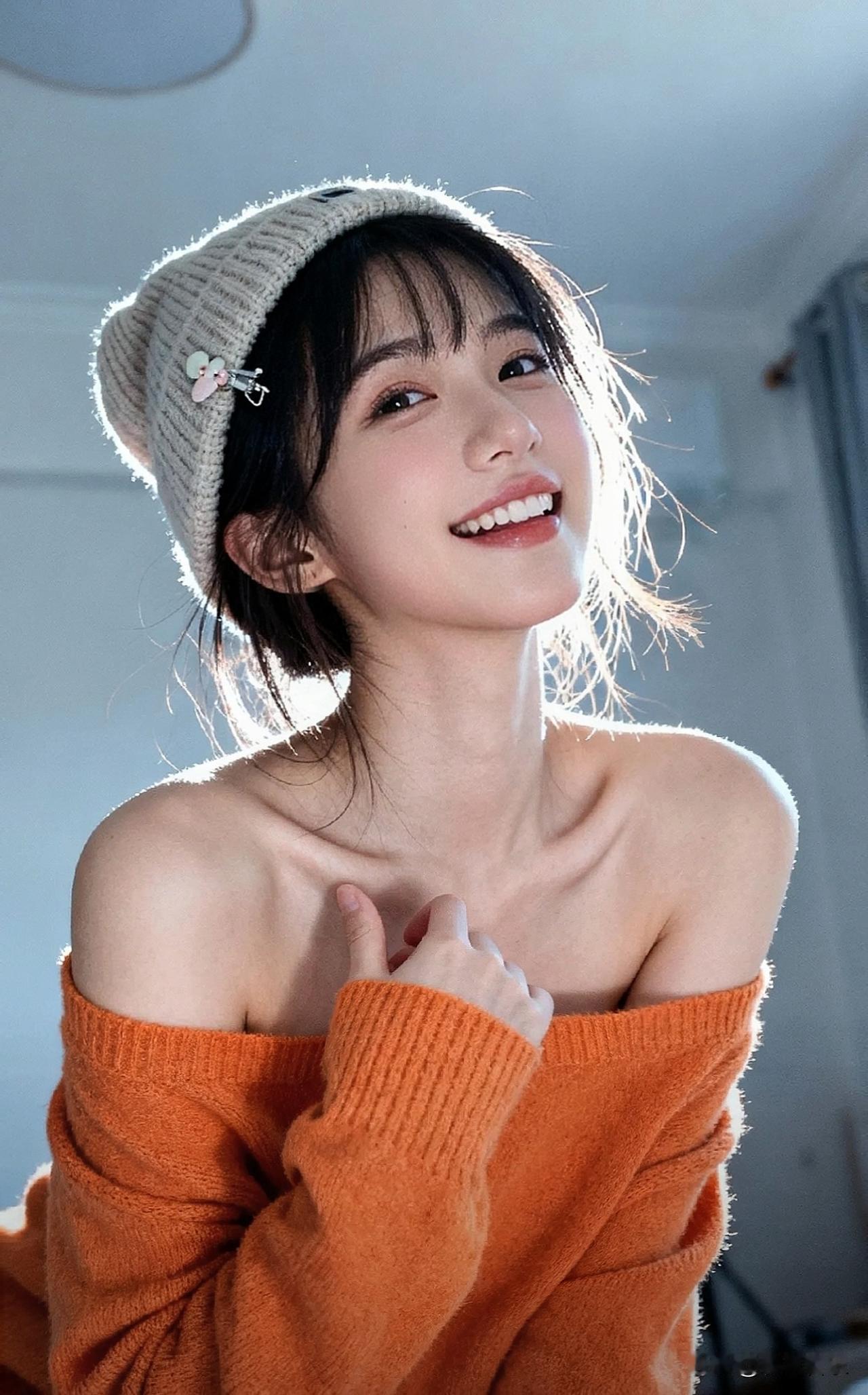 温暖冬日，甜美笑容，毛绒帽与橙衣的完美搭配，少女心满满！🌞💖分享手机里的最美