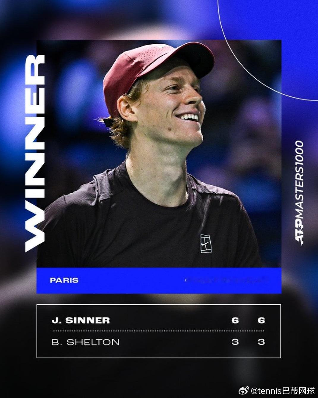 巴黎大师赛辛纳，兹维列夫会师半决赛辛纳兵不血刃取得了对谢尔顿的7连胜，而兹维列