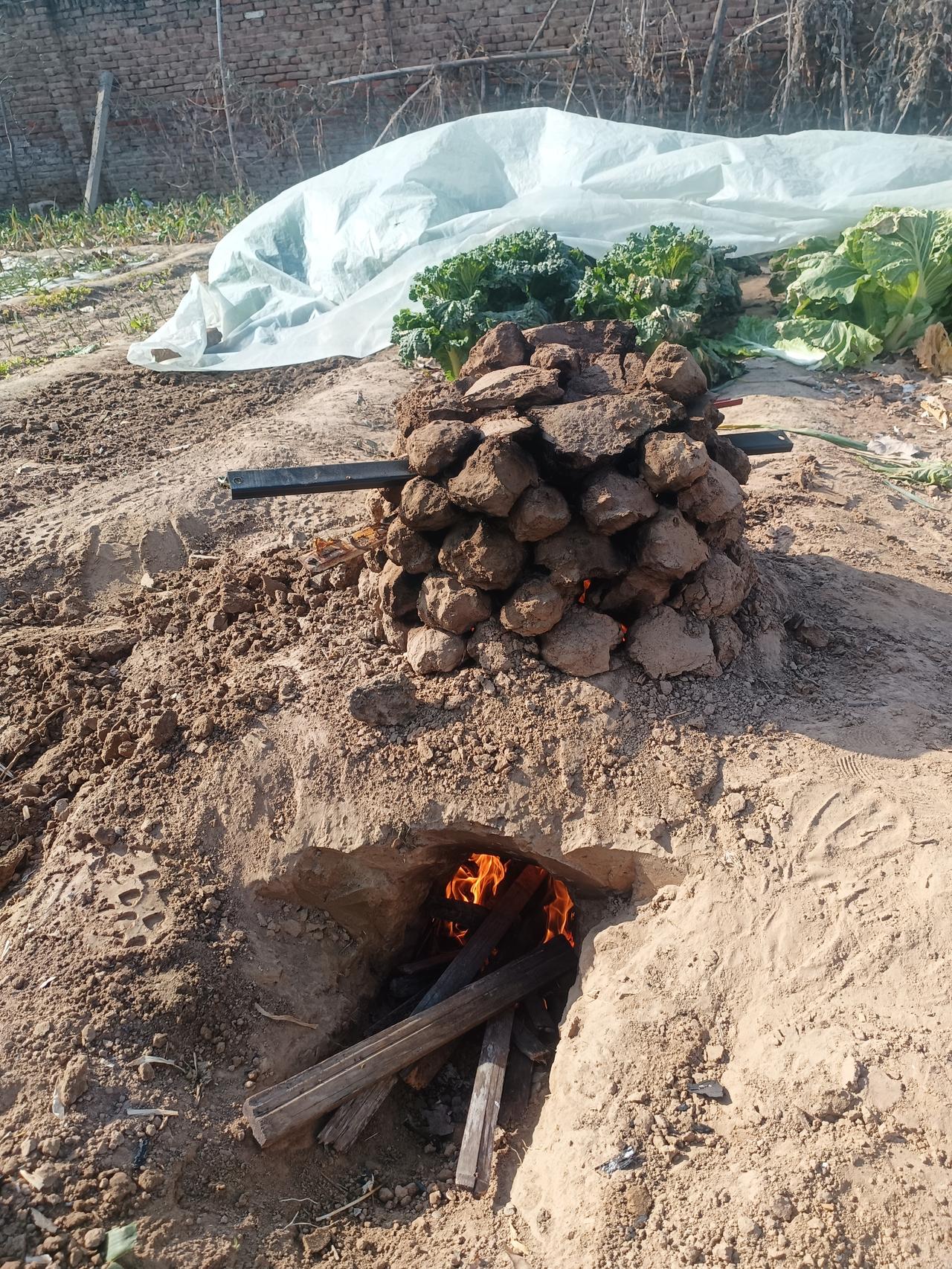 老爸按照他童年时候烤红薯的样子，挖了一个土坑，上面的土块儿都是用手捏的土球球，然