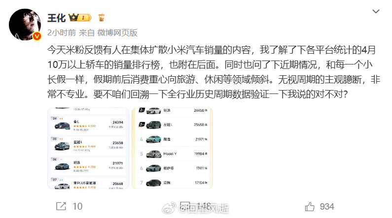 王化回应小米汽车销量最近小米面临的攻击已经到了山呼海啸的地步，曾经还只是一些自