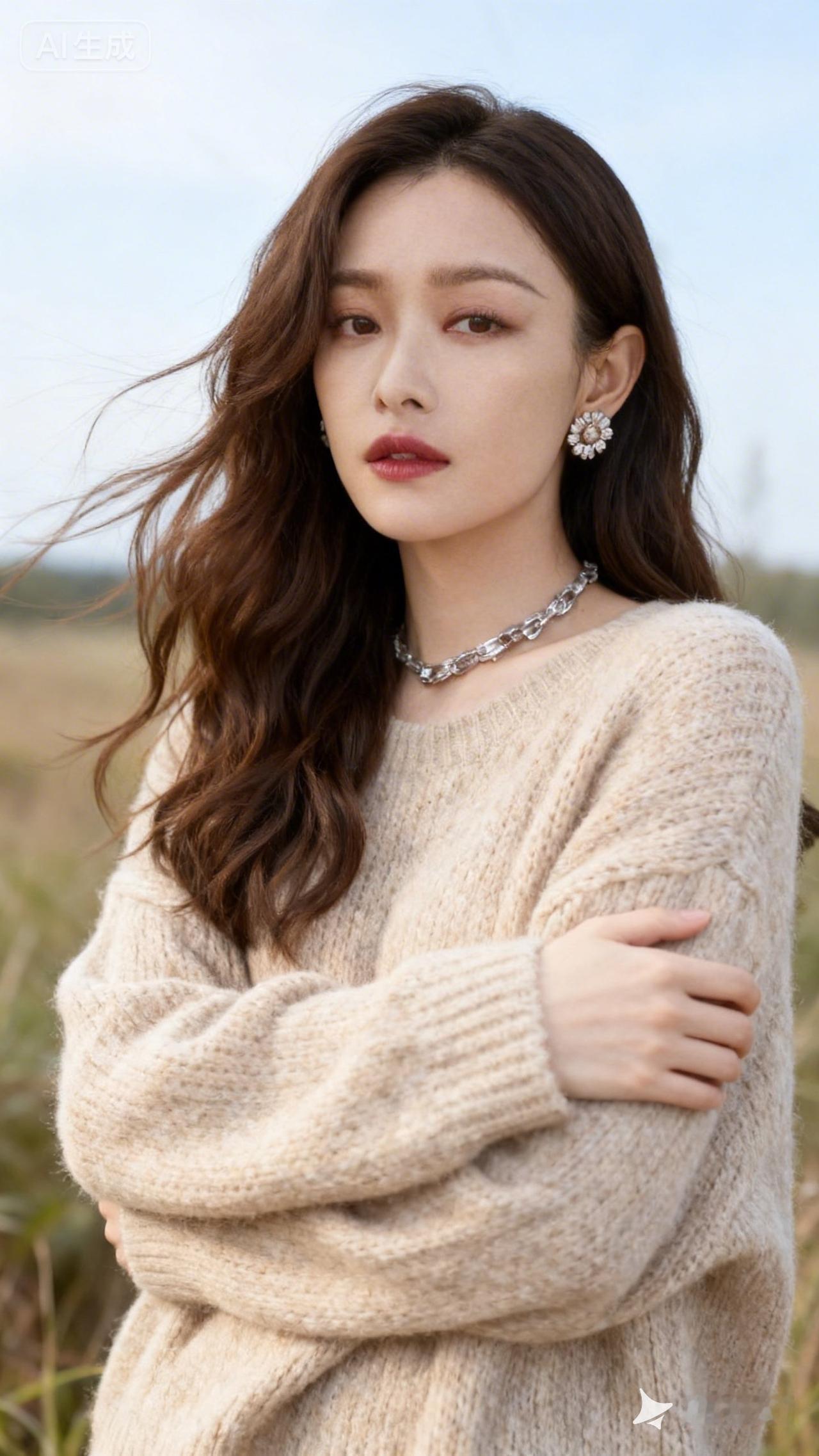 温柔冬日穿搭，米色毛衣+珍珠耳环，尽显优雅气质