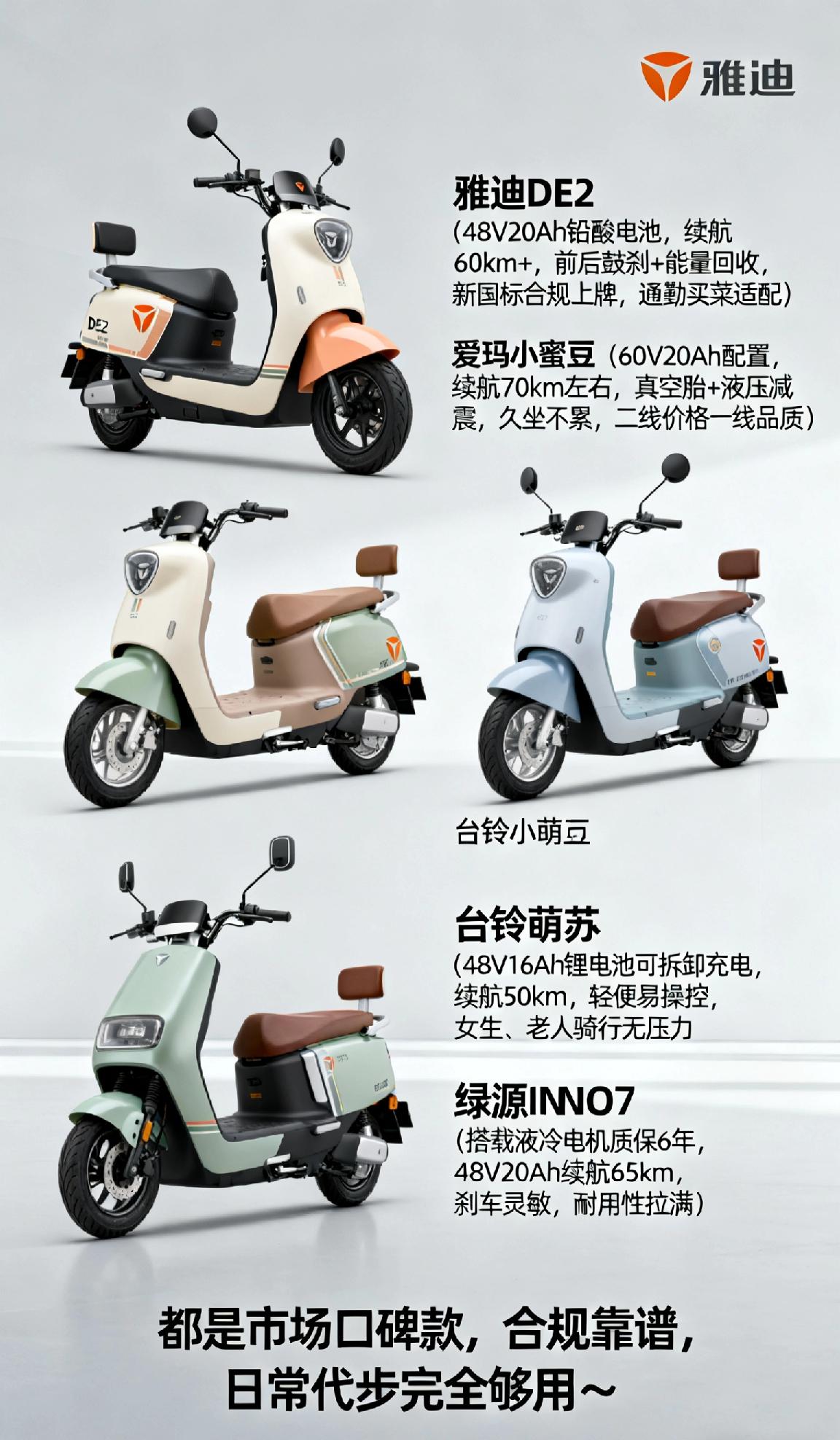 1. 雅迪DE2：48V20Ah铅酸电池，续航60km+，前后鼓刹+能量回收，通
