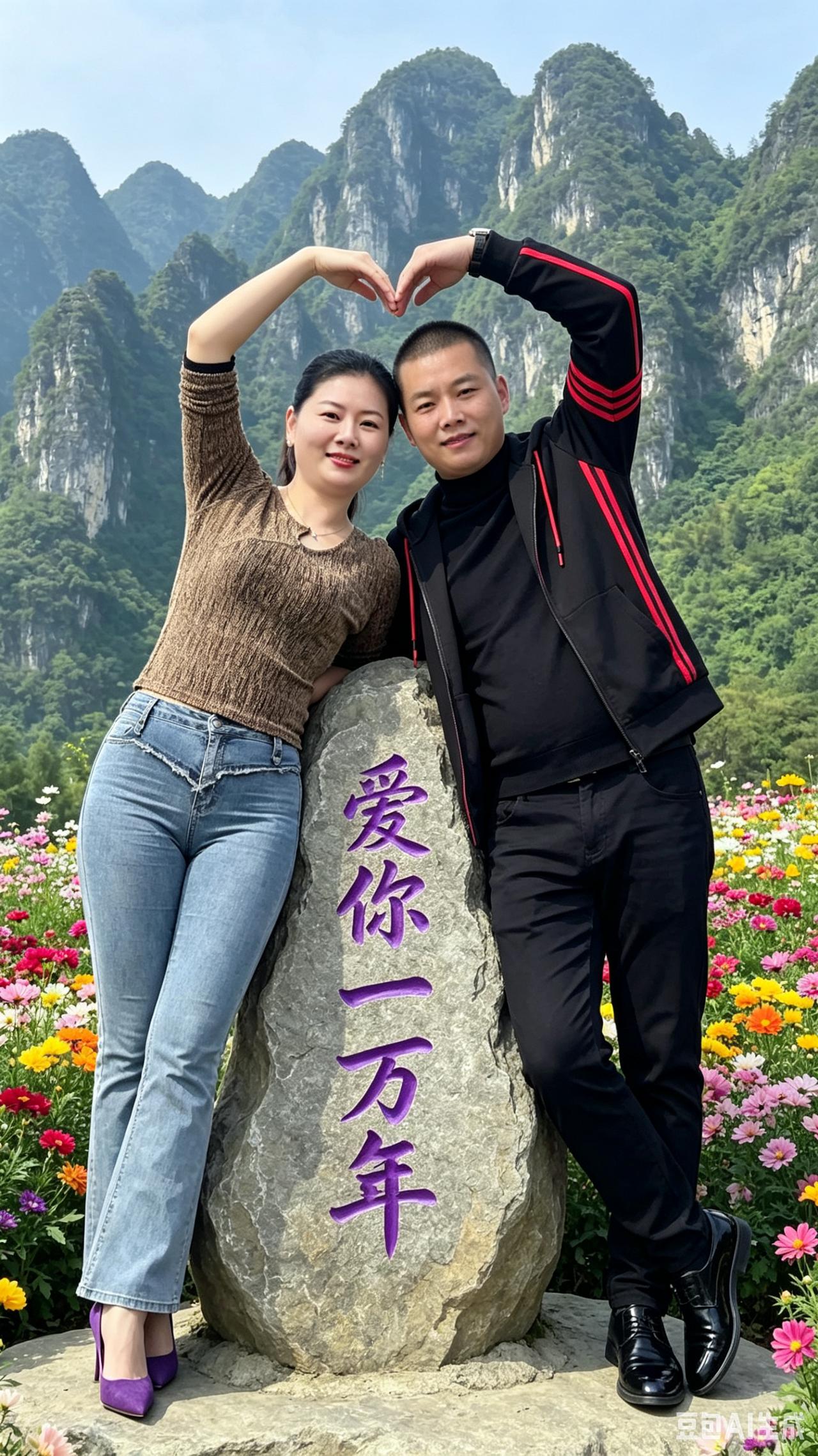 间相守青山凝翠百花妍，巨石留书寄宿缘。女子风姿柔且俏，郎君持重意绵绵。并肩