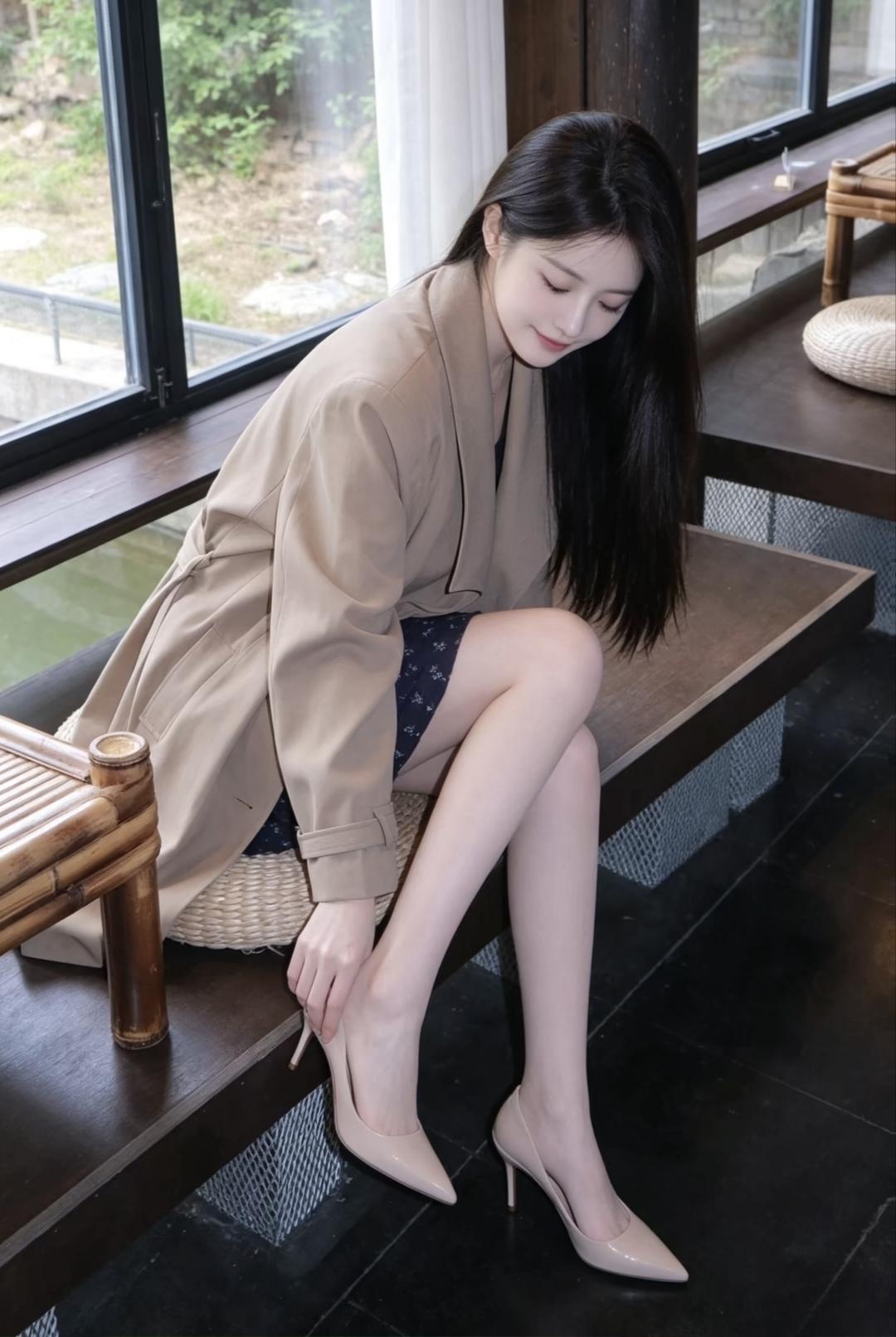 临水闲坐，风衣自带松弛氛围感简约卡其风衣，温婉大气不张扬内搭碎花裙中和硬朗线