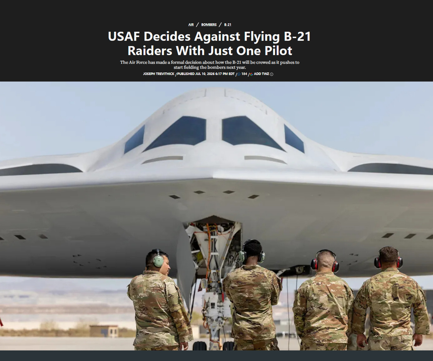 美国空军刚刚制止了空军部分人发的一个大颠：B-21单人机组。此前，该部队曾考虑由