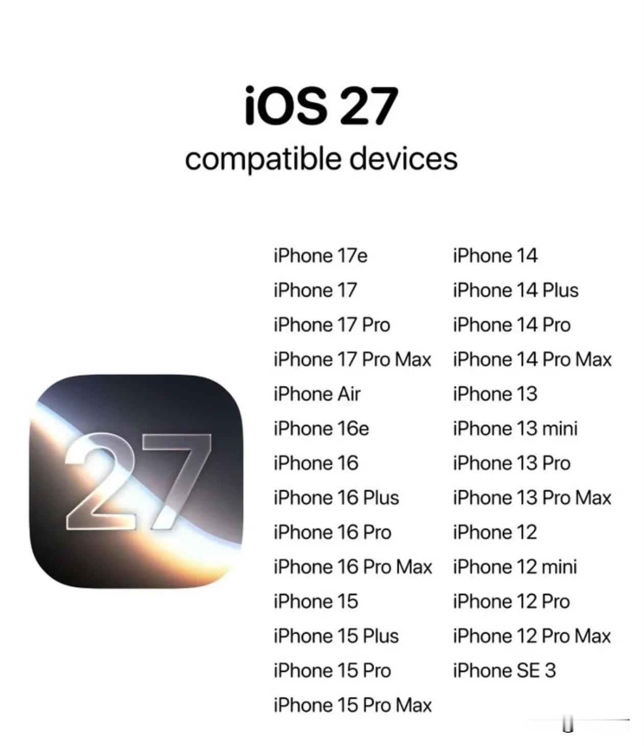 应该是这样了，支持升级iOS27的机型名单，iPhone11系列不会提供支持